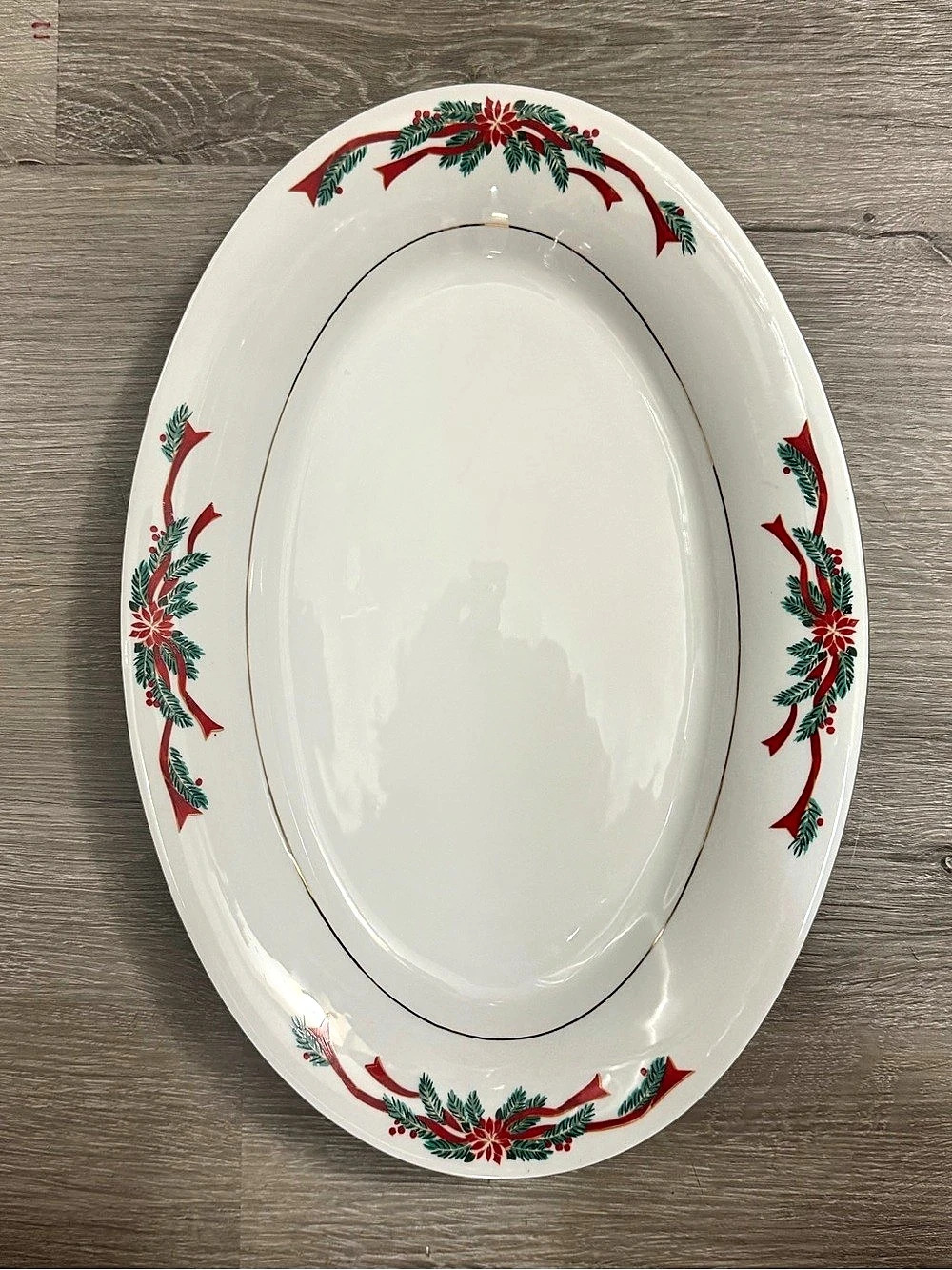 Vintage Tienshan Fine China Poinsettia & Ribbons Christmas Oval Serving Platter